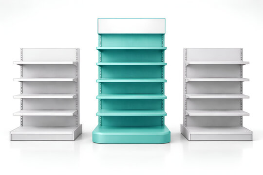 Modern Retail Shelving Display with Highlighted Center Unit Isolated on White Background