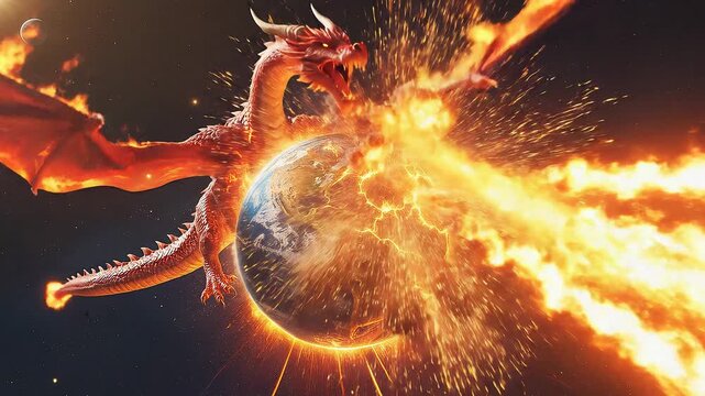 Mythical dragon flying through deep space, breathing scorching fire onto a burning planet Earth, symbolizing global destruction, climate catastrophe, and an apocalyptic future scenario
