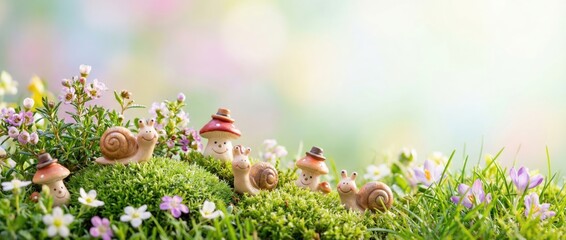 Charming snails gather among colorful flowers in a serene garden capturing nature's beauty in a whimsical scene perfect for nature lovers and garden enthusiasts