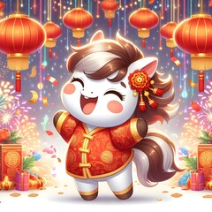 Obraz premium Festive white horse character in Chinese attire celebrates with lanterns, fireworks, and gifts, symbolizing joy, tradition, and prosperity.