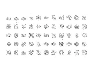 Abstract Fish Behavior Line Icons Set Unique Black and White Aquatic Concept Symbols