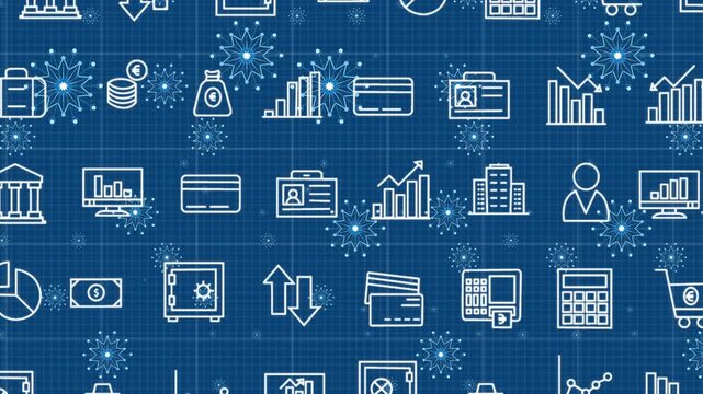 Animation of icons and falling stars over blue background