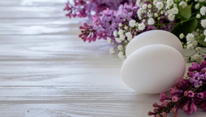Easter celebration with white eggs surrounded by beautiful purple flowers on rustic wooden surface in a bright natural setting