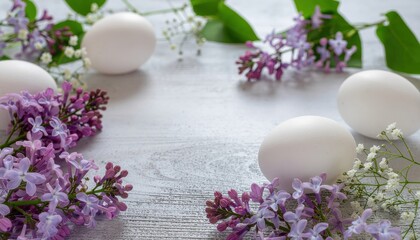 Easter egg decorating event with white eggs and lilac flowers in a cozy indoor setting celebrating spring and craftsmanship
