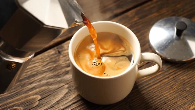 A moka pot pours steaming coffee into a white cup on a rustic wooden table. Aromatic crema hints.!!!