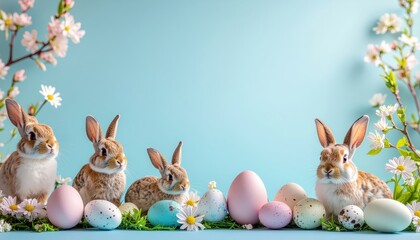 Easter celebration with adorable rabbits and colorful eggs springtime garden setting easter decor nature's beauty warm and inviting atmosphere
