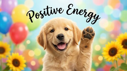 Joyful golden retriever puppy spreading positive energy at a colorful celebration event bright background with balloons and sunflowers captured in a cheerful outdoor environment