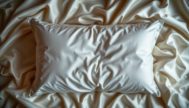 Soft White Pillow on Smooth Satin Fabric with Gentle Drapes and Textured Surface