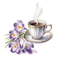 cup of coffee with crocuses, watercolor