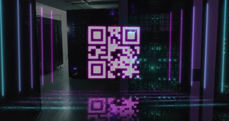Animation of pink qr code and neon lights over computer server room - Powered by Adobe
