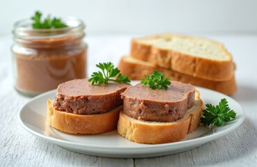 Two slices of bread topped with duck terrine, garnished with parsley. Glass jar filled with terrine sits in background, alongside stacked bread slices. Appetizer perfect for parties light meals.