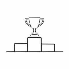Simple line art illustration of a trophy cup on a winner's podium, representing success and achievement.
