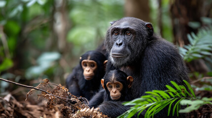Adult chimpanzee watching over young ones in dense forest, nature protection importance, environmental project backdrop, primate family scene, wildlife conservation imagery,