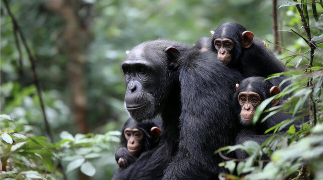 Adult chimpanzee watching over young ones in dense forest, nature protection importance, environmental project backdrop, primate family scene, wildlife conservation imagery,