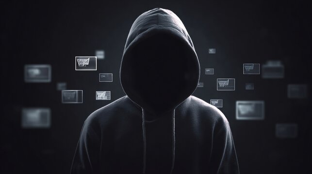 A faceless figure in a dark hoodie stands against a black background, symbolizing anonymity in online shopping.