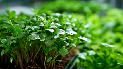 Extreme close-up of dense microgreen leaves with visible veins, healthy eating visuals and organic farming, nutrition content and food photography, defocused leaf texture, with