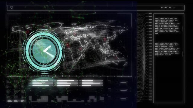 Animation of clock and turning european on screen with data processing