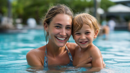 Fototapeta premium Mother and child smiling happily in pool, family happiness atmosphere, carefree fun together, water park or resort imagery, summer recreation scene, parent-child swimming,