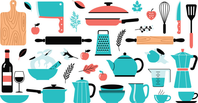 Kitchen utensils and cooking tools vector illustration set with cookware, food ingredients, baking accessories, and home culinary equipment