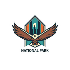 Obraz premium Dynamic emblem representing a national park with an eagle soaring beneath a geometric shield highlighting outdoor adventure and