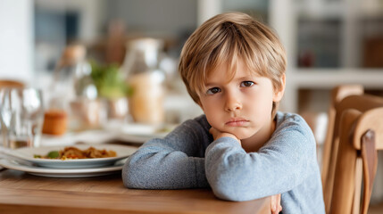 Obraz premium Child with dissatisfied look leaning on table with plate, family nutrition scene, child upbringing imagery, picky eater moment, mealtime challenge, food reluctance display,