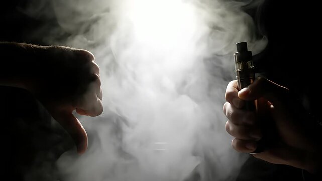 Dramatic portrait contrasting a hand signaling disapproval with another hand holding a modern electronic vaping device amidst dense white vapor clouds.
