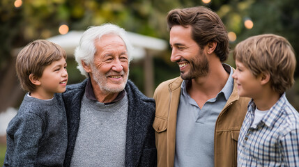 Fototapeta premium Men from different generations smiling at each other, warm family values backdrop, charitable initiatives imagery, intergenerational bonding, male relationship across ages,
