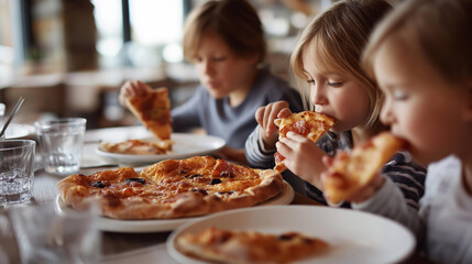Fun kids enjoying pizza in restaurant, family entertainment imagery, children's food website visual, dining out with children, casual meal together, happy eating moment, faceless