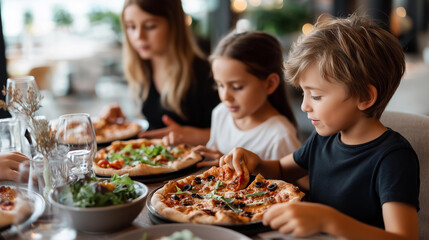 Fun kids enjoying pizza in restaurant, family entertainment imagery, children's food website visual, dining out with children, casual meal together, happy eating moment, faceless