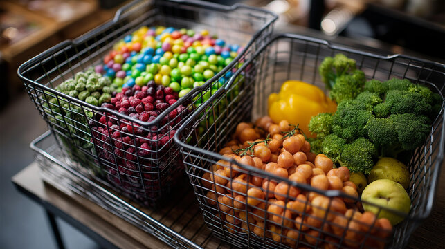 Top-down view of two supermarket baskets, one with colorful candies and other with fresh fruits and vegetables, illustrating conscious shopping, healthy choices comparison,