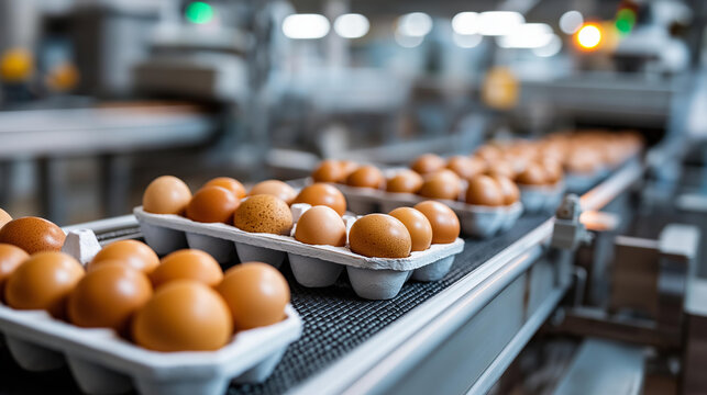 Industrial egg packaging line with brown eggs, neatly placed in white plastic trays, clean production environment illustrating food safety, automation and quality control,