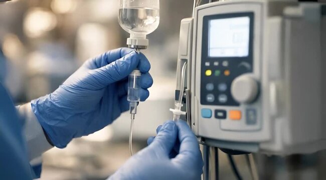 Close-up of gloved hands adjusting IV line and infusion pump in hospital, intravenous therapy and patient care technology concept generative AI