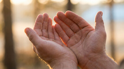 Open hands receiving sunlight in natural setting during Ramadan  