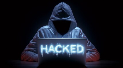 A hooded figure sits in front of a laptop displaying the word 'HACKED,' symbolizing cybercrime and online security threats.