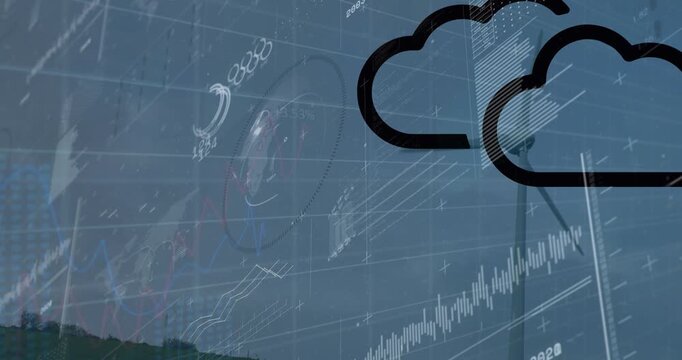 Animation of cloud icon and interface with data processing over spinning windmill against blue sky