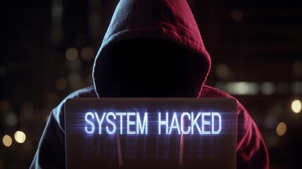 A hooded figure with a dark silhouette sits before a glowing laptop screen displaying 'SYSTEM HACKED'.