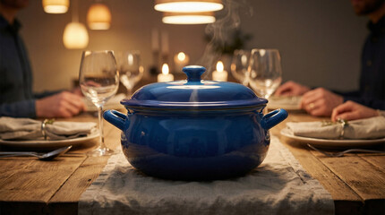 Blue cooking pot with steam on table during dinner setting  