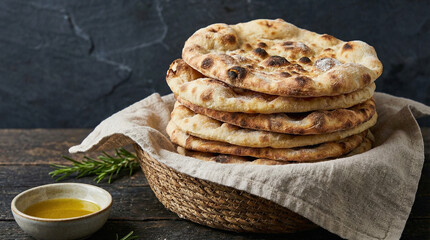 Freshly baked naan bread stacked in a wicker basket on a table  