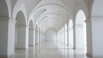 Naklejka premium Spacious Architectural Hallway with Arched Ceilings and Minimalist Design Featuring White Walls