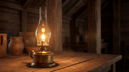 Antique oil lamp glowing on a wooden table in rustic cabin  
