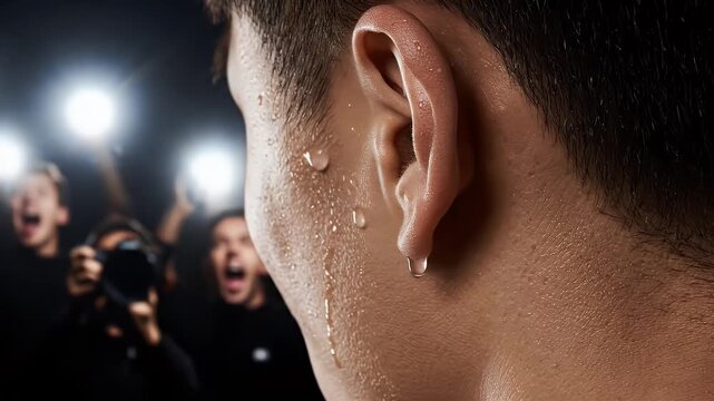 Close Up of Sweaty Man with Shouting Crowd in Blurred Background and Flashlights Highlighting Emotions of Tension and