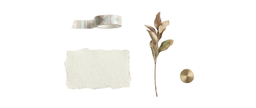 Set of patterned washi tape handmade white paper dried botanical branch and brass pin for rustic scrapbooking journaling and collage design