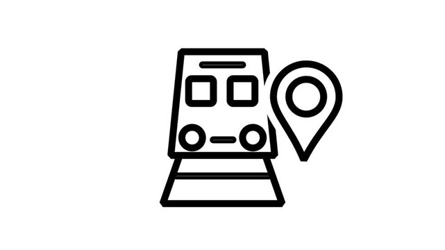 Train Station icon animation. Train front view with location pin icon representing railway station, public transportation, and travel.