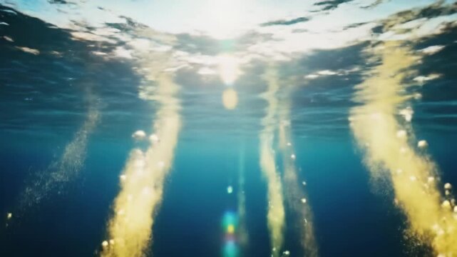Captivating wide video from low angle deep in crystal-clear blue ocean, golden sun rays penetrate upwards, creating mesmerizing caustic patterns. Dreamlike ethereal underwater serenity