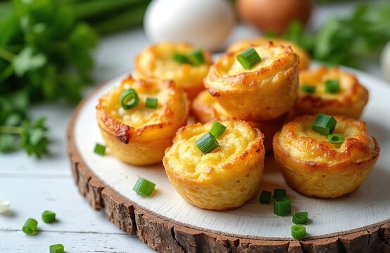 Golden baked egg bites arranged on wooden board. Fresh green onions sprinkled on top of savory snacks. Delicious mini muffins are perfect for breakfast, brunch, or light meals.