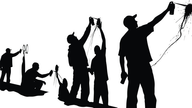 Graffiti artists in silhouette spraying paint depicting urban art creation and street culture isolated on white background