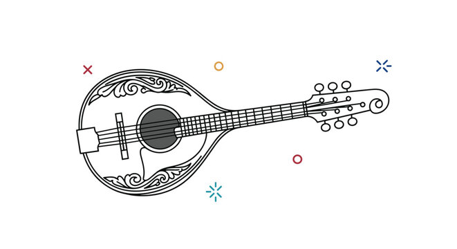 Elegant line drawing of a mandolin musical instrument featuring intricate scrollwork patterns and colorful decorative star shapes.