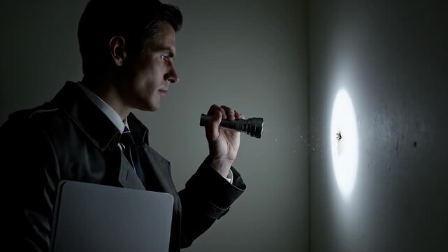 Crime Scene Investigation Man with Flashlight and File Examining Wall with Keyhole in Dimly Lit Room for Forensics