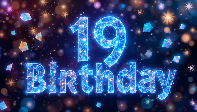 Glowing blue 19th birthday celebration with sparkling geometric shapes