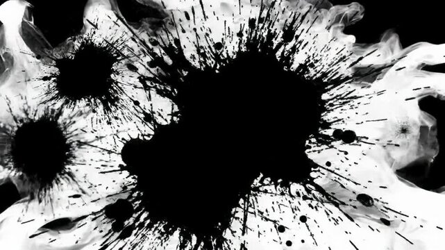 Abstract animation: dynamic white ink splatters and black inkblots fluidly transition on high-contrast matte black to bright white backgrounds, modern motion graphics concept